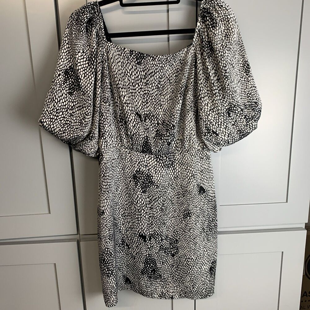 Lucy Paris Black white Abstract Pebble Print Puff Sleeve Square Neck Mini Dress